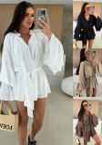 Women Spring Solid V neck irregular lace long sleeve dress