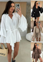 Women Spring Solid V neck irregular lace long sleeve dress