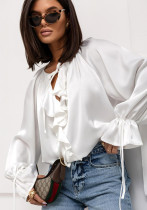 Women Spring ruffled Bell Bottom sleeve V neck lace shirt