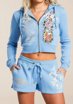 Women Graffiti Print Hoodies and ShortsTwo Piece Set