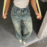 Women Street Snake Print Casual Denim Trousers