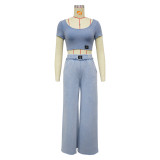 Women Sexy Open Waist U Neck Top and Wide Leg Pants Two Piece Set
