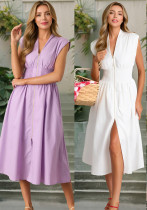 Women sexy V neck pleated zipper dress