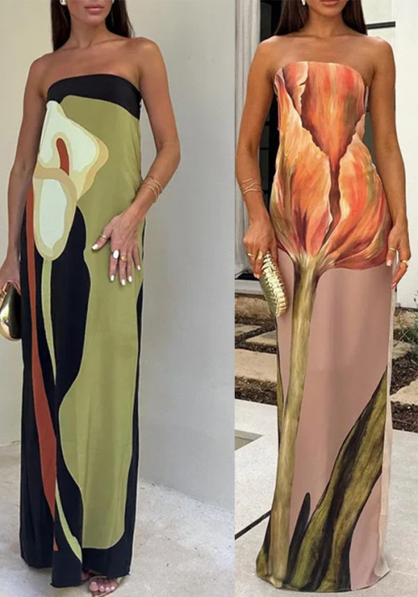 Women Spring sleeveless strapless sexy backless print dress