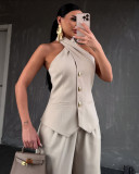 Women Summer Halter Neck Sleeveless Vest Top Trousers Casual Two Piece Set