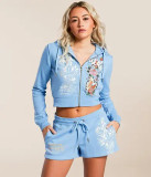 Women Graffiti Print Hoodies and ShortsTwo Piece Set