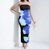 Women Spring elegant floral Strapless print Maxi Dress