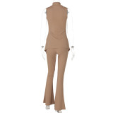 Women Summer Solid Sleeveless High Neck Slit Top Trousers Casual Two Piece Set