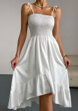 Women Summer Suspender Solid Sleeveless Pleated Irregular Maxi Dress