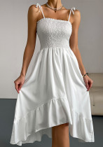 Women Summer Suspender Solid Sleeveless Pleated Irregular Maxi Dress