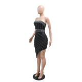 Women Strapless Beaded Sexy Irregular Dress
