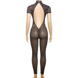 Women Summer Street Trend Mesh See-Through Print Backless Jumpsuit
