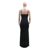 Women Sexy Suspender Beaded Mesh Bodycon Maxi Dress