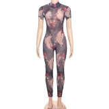 Women Summer Street Trend Mesh See-Through Print Backless Jumpsuit