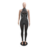 Women Sexy Mesh Beaded See-Through Sleeveless Jumpsuit