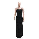 Women Sexy Suspender Beaded Mesh Bodycon Maxi Dress