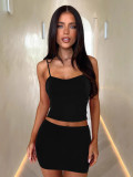 Women Summer Solid Print Suspender Top and Skirt Two Piece Set
