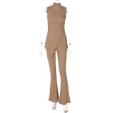 Women Summer Solid Sleeveless High Neck Slit Top Trousers Casual Two Piece Set