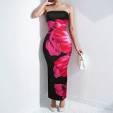 Women Spring elegant floral Strapless print Maxi Dress