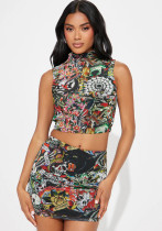 Women Sexy Print Tank Top and Skirt Two Piece Set