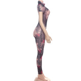 Women Summer Street Trend Mesh See-Through Print Backless Jumpsuit