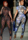 Women Summer Street Trend Mesh See-Through Print Backless Jumpsuit