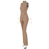 Women Summer Solid Sleeveless High Neck Slit Top Trousers Casual Two Piece Set