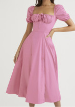 Women Spring and Summer French style puff sleeve lace slit Maxi Dress