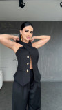 Women Summer Halter Neck Sleeveless Vest Top Trousers Casual Two Piece Set