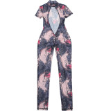 Women Summer Street Trend Mesh See-Through Print Backless Jumpsuit