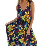 Women Spring Summer V neck leaf print Sundress