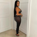 Women Sexy Mesh Beaded See-Through Sleeveless Jumpsuit