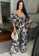 Women Off Shoulder Bat Sleeves Print Wide Leg Jumpsuit