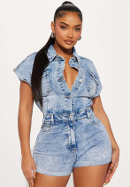 Women Stretch Short Sleeve Washed Denim Jumpsuit