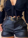 Women Pu Leather Belt Solid Shorts
