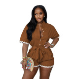 Women Summer Casual Lace Turndown Collar Lace Romper