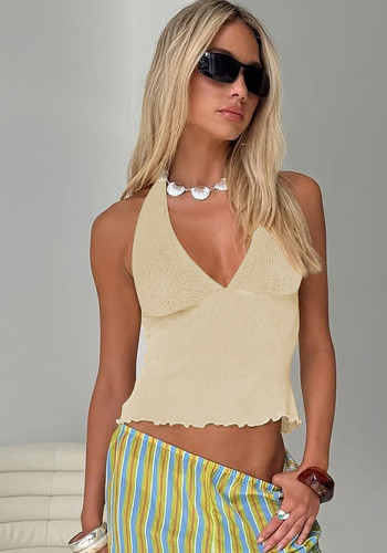 Women Summer V Neck Sexy Backless Vest Lace Top