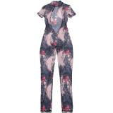 Women Summer Street Trend Mesh See-Through Print Backless Jumpsuit