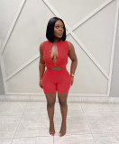 women's fashion solid color Sleeveless Knitting Two Piece Shorts Set for women