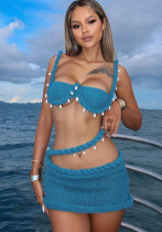 Women Summer Sexy Solid Knitting Crop Top and Skirt Two Piece Set