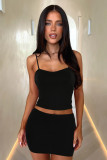 Women Summer Solid Print Suspender Top and Skirt Two Piece Set