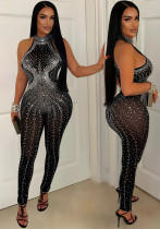 Women Sexy Mesh Beaded See-Through Sleeveless Jumpsuit Women Sexy Mesh Beaded See-Through Sleeveless Jumpsuit