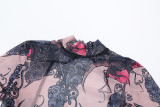 Women Summer Street Trend Mesh See-Through Print Backless Jumpsuit