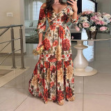 Women summer elegant print lace V neck dress
