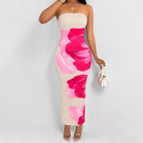 Women Spring elegant floral Strapless print Maxi Dress