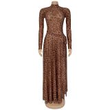 Women Sexy Leopard Print Long Sleeve Slit Dress