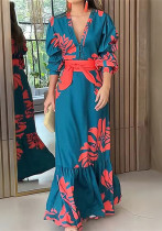 Women button V neck elegant print lace dress Women button V neck elegant print lace dress