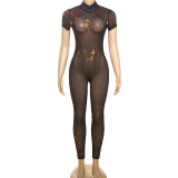 Women Summer Street Trend Mesh See-Through Print Backless Jumpsuit