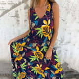 Women Spring Summer V neck leaf print Sundress