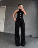 Women Summer Halter Neck Sleeveless Vest Top Trousers Casual Two Piece Set